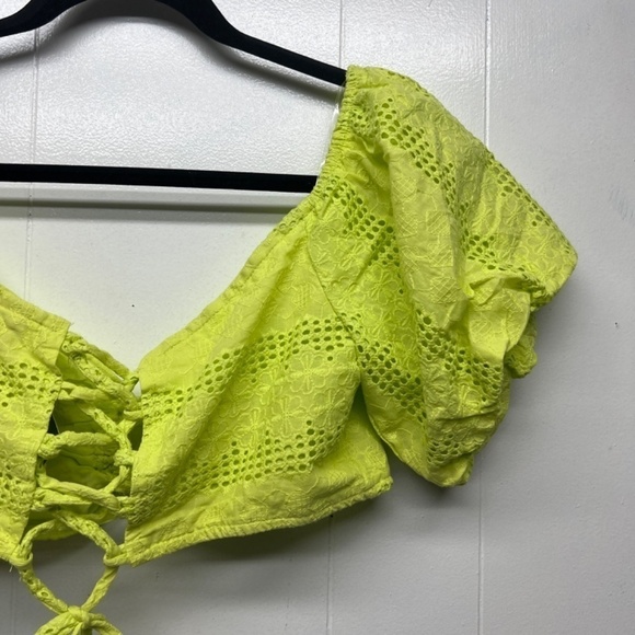 Wild Fable Lime Green Eyelet Lace Up Coquette Cropped Top Medium Puff Sleeves - Picture 8 of 11